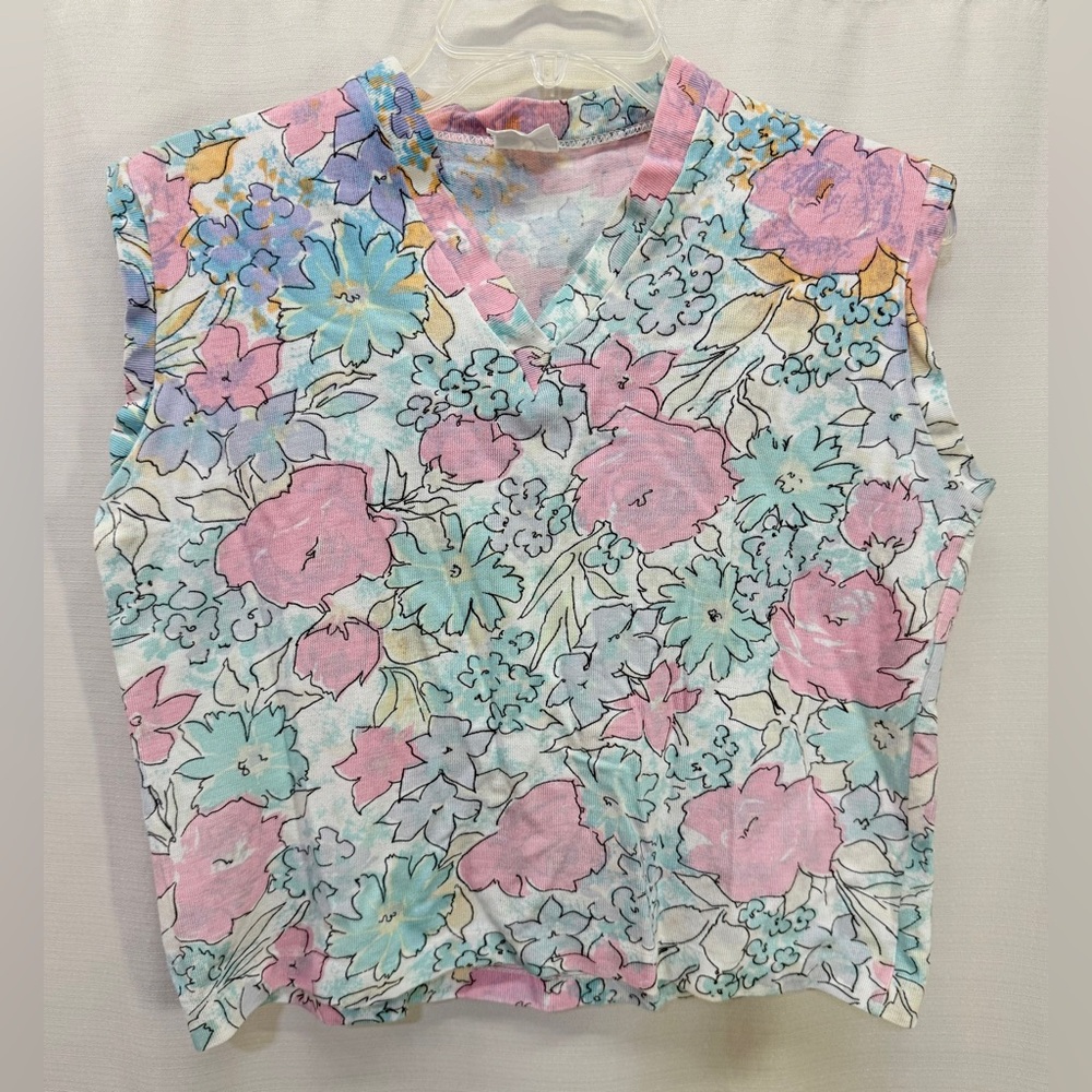 Vintage Famous-Tees Multicolor Floral 100% Cotton Vneck Crop Sleeveless Top Sz M
